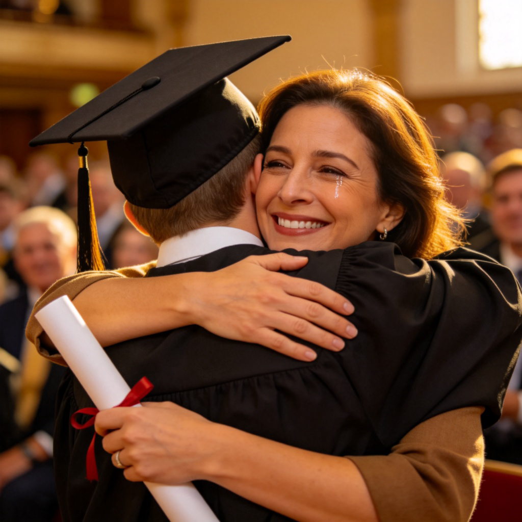 A mother, smiling warmly with tears in her eyes, hugging her child tightly at a graduation ceremony. The child is wearing a cap and gown, holding a diploma. They are the clear focus of the image, with a blurred audience in the background. Soft, natural lighting, realistic photo style.