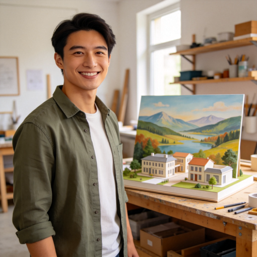 A person standing with a straight posture and a confident, genuine smile, looking directly at the viewer. In the background is a neatly organized, completed project, like a detailed model or a finished painting. Focus is on the person's expression of self-satisfaction. Clean, well-lit home or studio setting, realistic photo style.