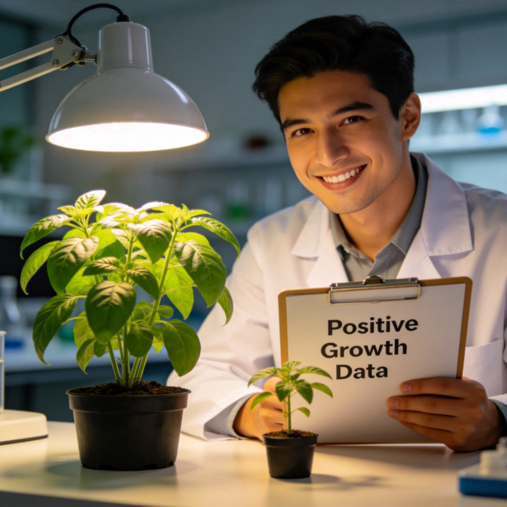 A scientist in a lab coat smiling, looking at a clipboard with positive data next to a successful science experiment setup, like two plants where one is thriving under a lamp. The focus is on the scientist's confident expression and the clear results. Clean lab background.