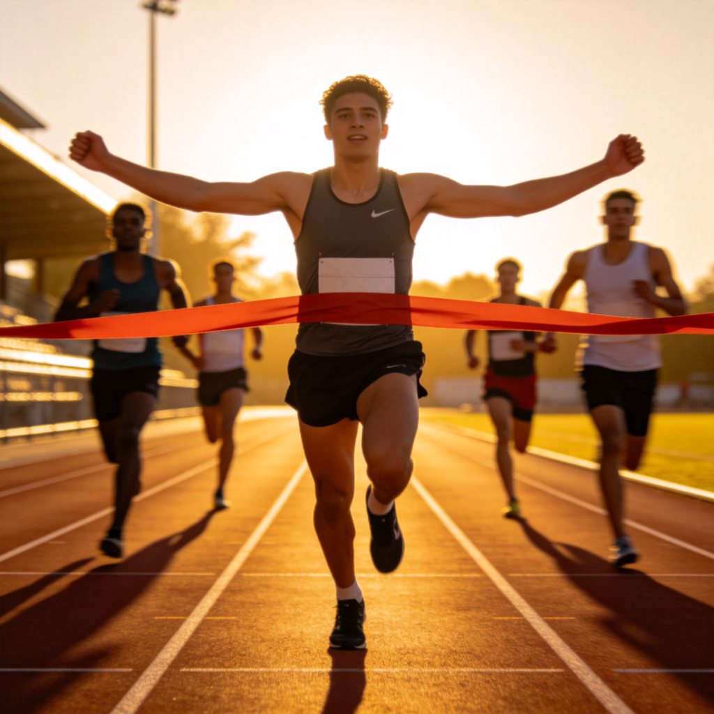 An athlete in sportswear, crossing the finish line first on a running track, with a focused and accomplished expression. Other runners are slightly behind. The scene is outdoors on a sunny day, emphasizing motion and achievement.