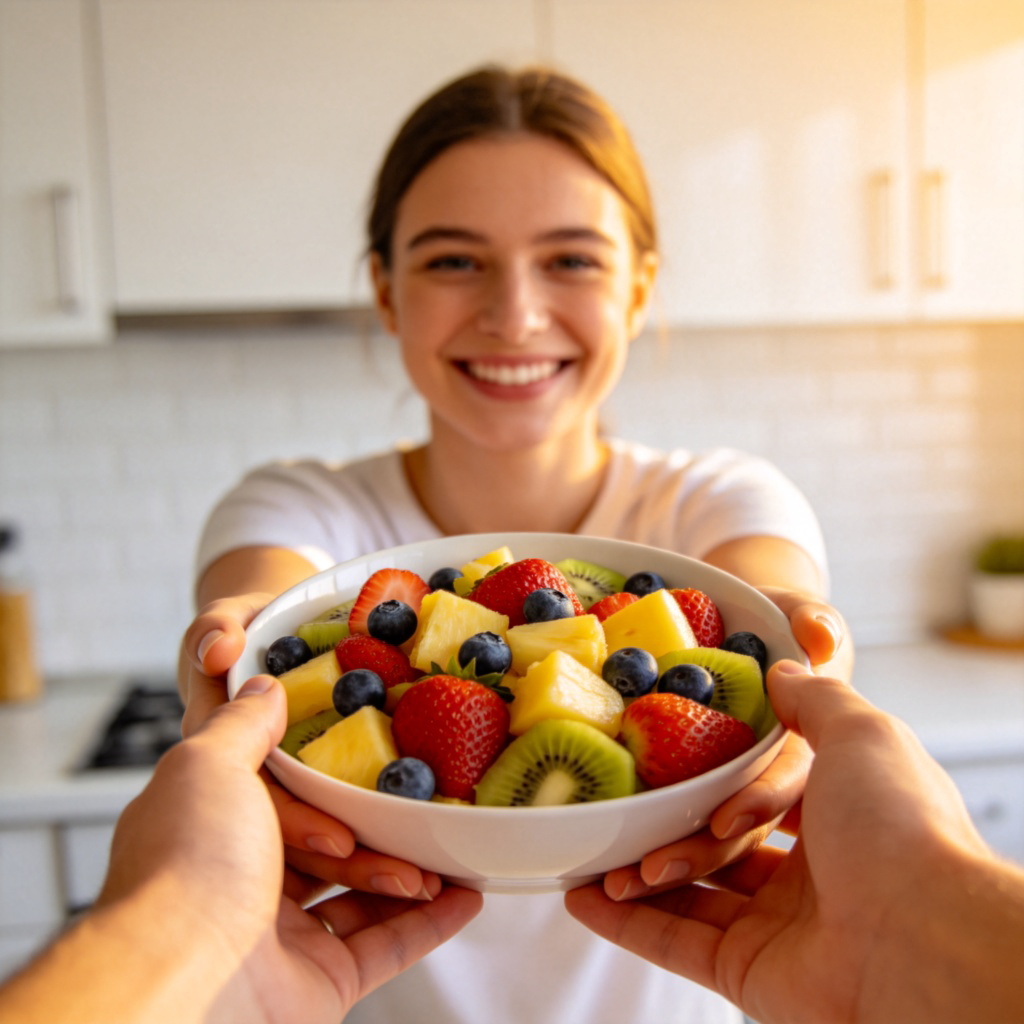 A person in a kitchen, smiling as they hand a bowl of colorful fruit salad to another person who is reaching out to receive it. Warm lighting, clean background, focus on the act of handing over the bowl. The gesture shows generosity and care. No text.