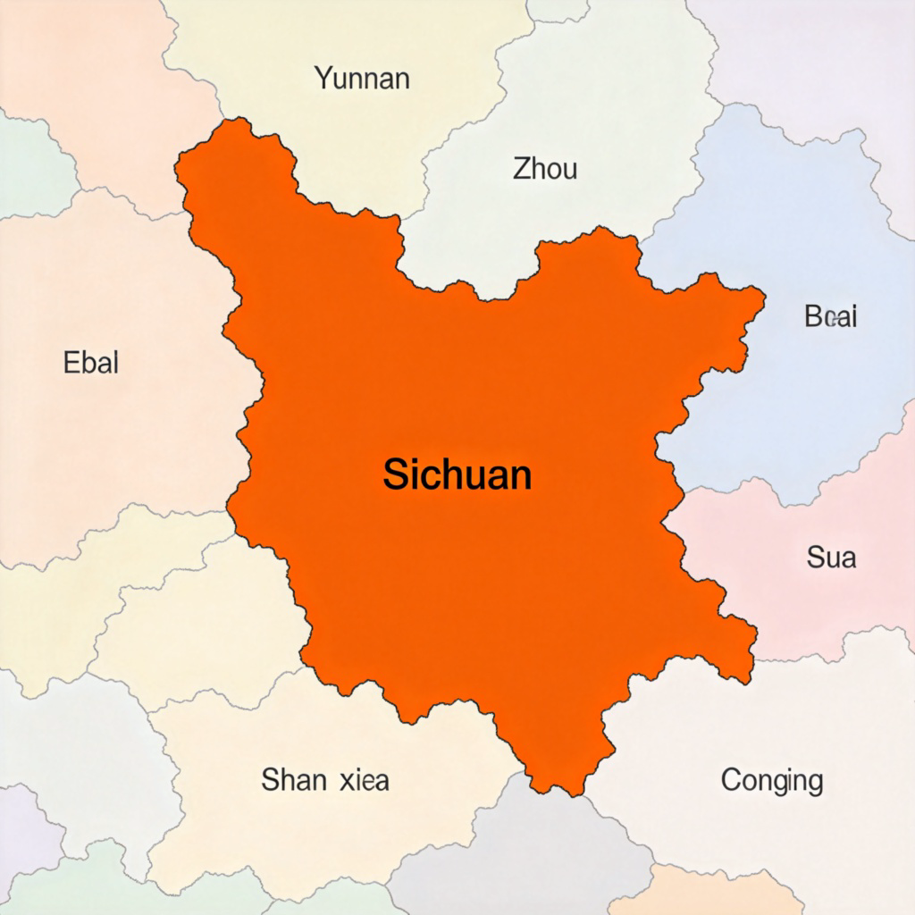 A clear, modern political map of China, with one specific province (like Guangdong or Sichuan) highlighted in a bright, distinct color, while neighboring provinces are shown in muted tones. The highlighted province's name is labeled in English. Clean, minimalist style, no other text or logos.