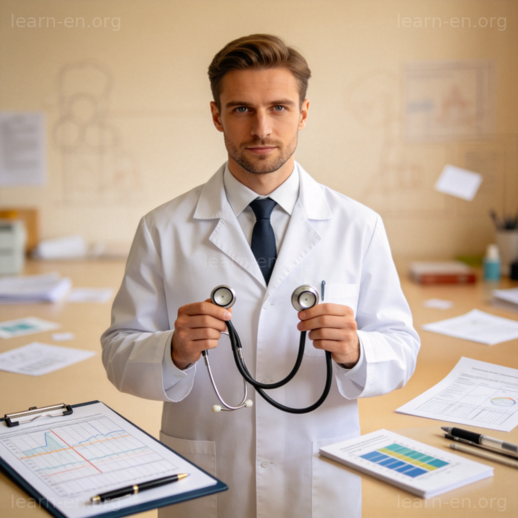 A focused professional, like a doctor or engineer, surrounded by tools or symbols of their expertise (stethoscope, blueprints). They look confidently at the camera, with blurred, indistinct objects representing other unrelated fields in the background. The person and their tools are the clear center of attention. Photorealistic style, natural office lighting.