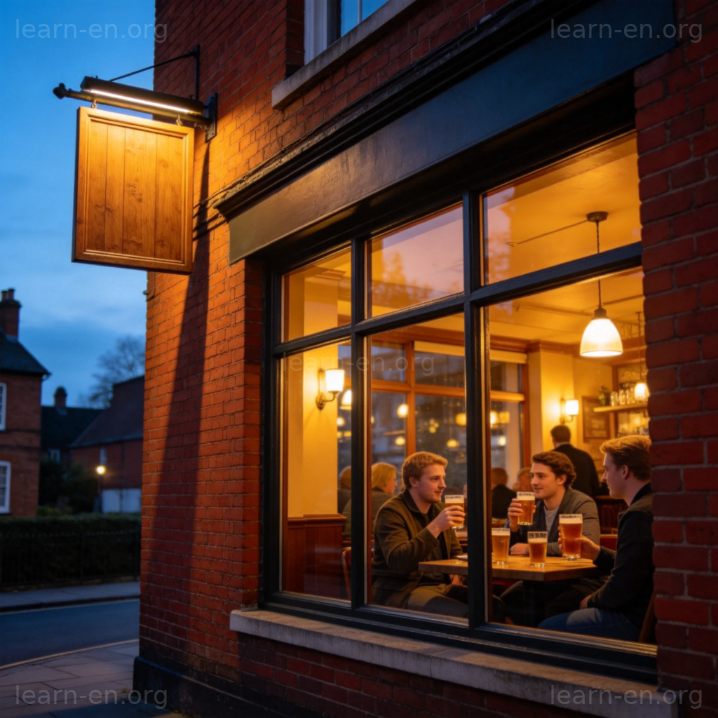 Traditional British pub with red brick facade and warm interior