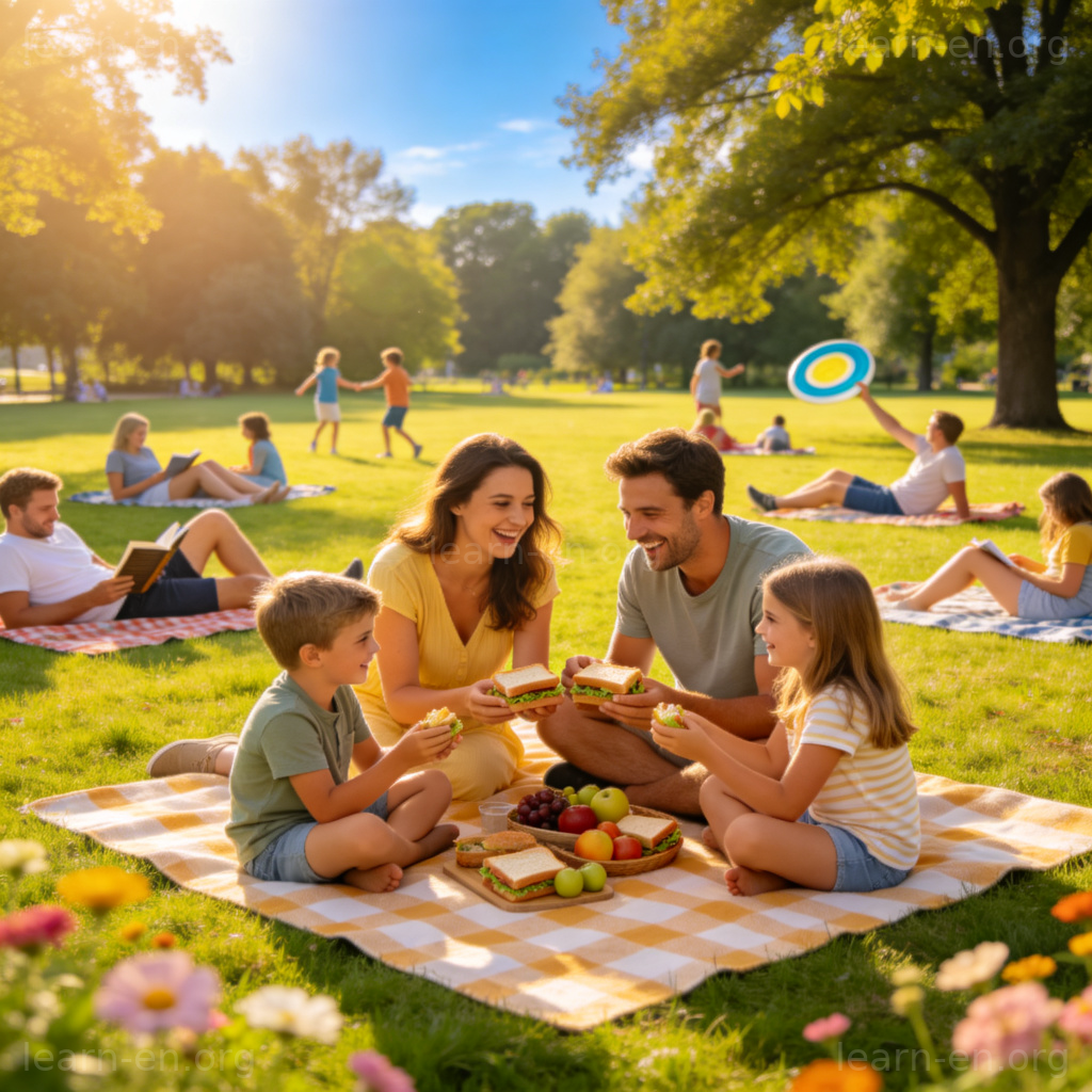 Public Holiday 图解：阳光公园里家庭野餐享受假日的场景