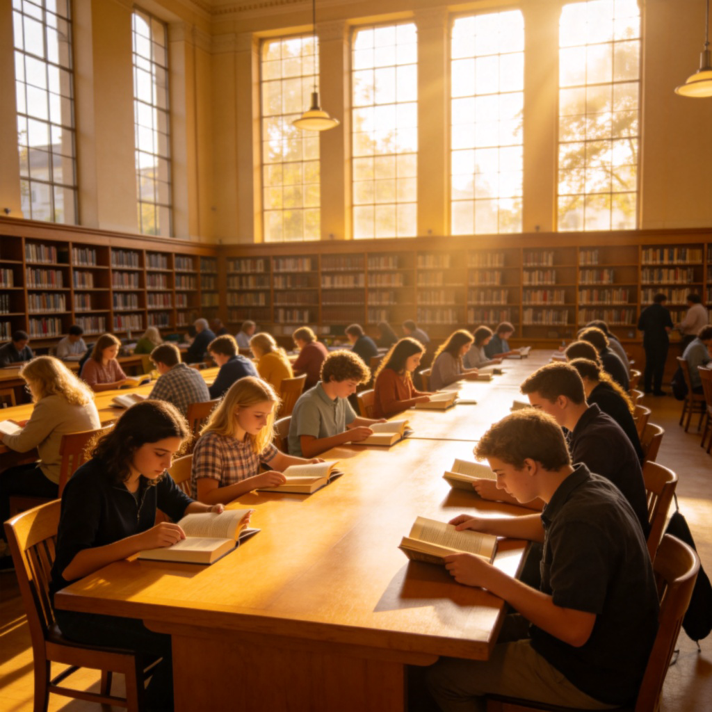A bustling public library with many people of different ages reading books at long wooden tables. Sunlight streams through large windows. Bookshelves filled with books are in the background. Realistic style, bright and welcoming atmosphere. No text.