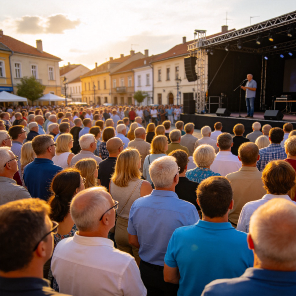 A diverse crowd of people, including men and women of various ages and ethnicities, gathered in a town square. They are looking towards a speaker on a stage. The focus is on the collective group of people. Realistic, daytime lighting. No text.