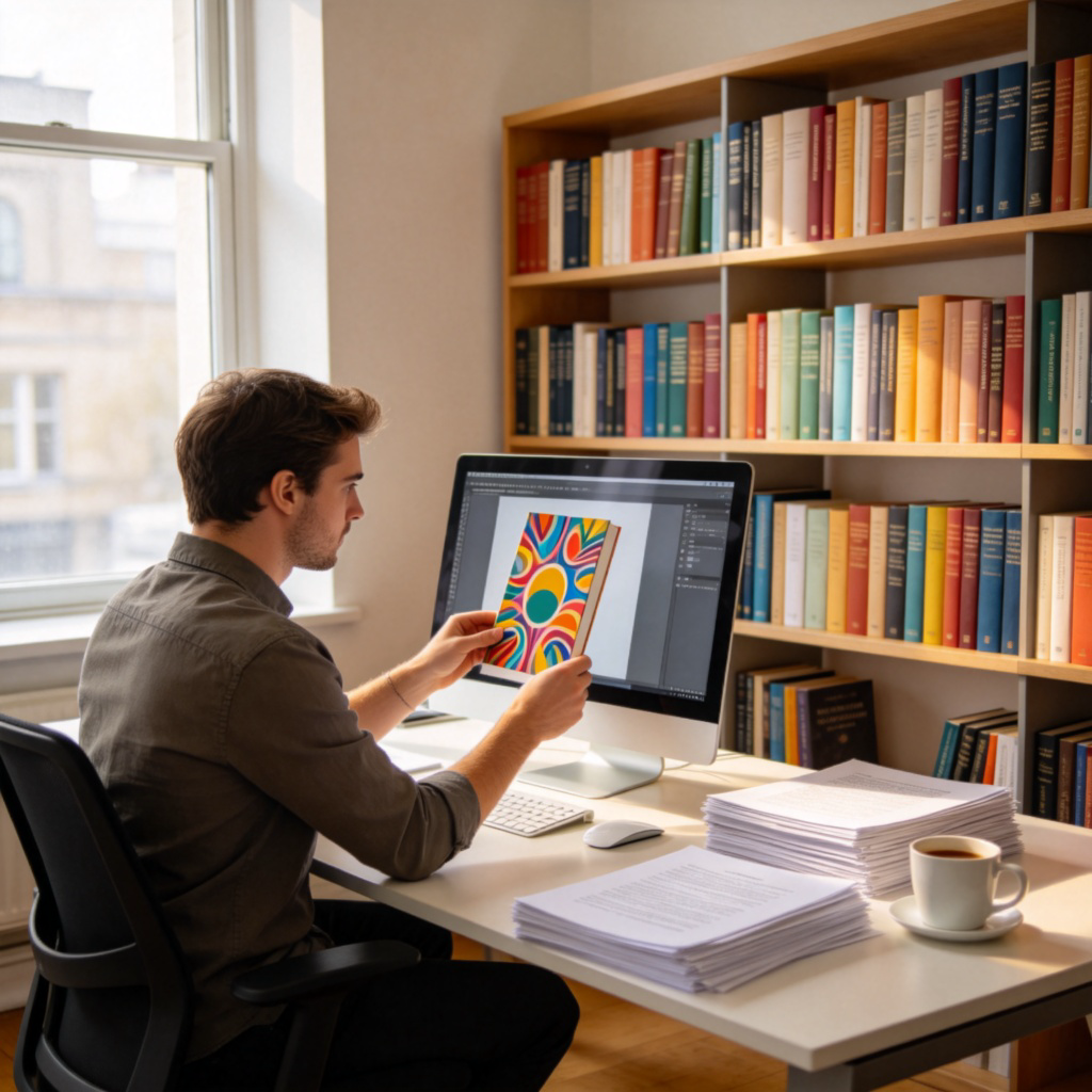A person sitting at a modern, tidy desk in a publishing office, carefully examining a colorful book cover design on a computer screen. On the desk, there is a stack of manuscript papers and a cup of coffee. In the background, a bookshelf is filled with neatly arranged published books of various colors and sizes. The scene is well-lit by natural light from a large window, creating a focused and professional atmosphere. No text or logos are visible.