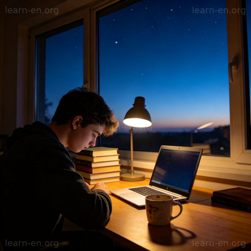 pull an all-nighter 图解：学生深夜在书桌前通宵学习场景