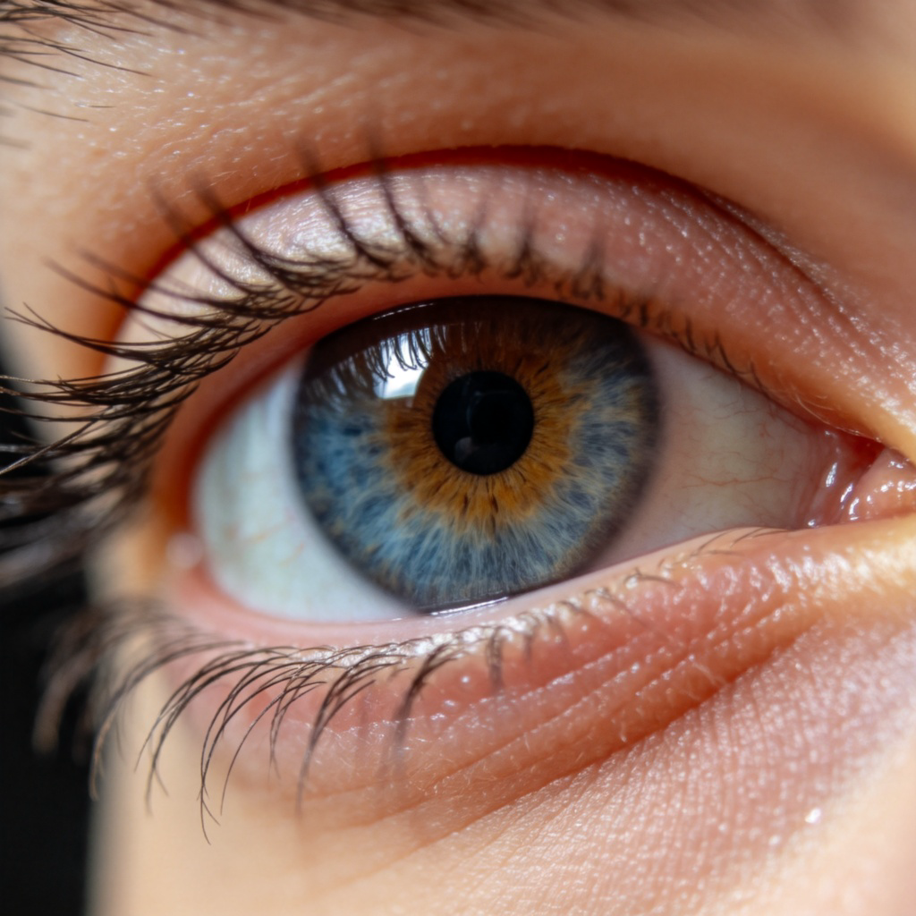 An extreme close-up macro photograph of a human eye with beautiful brown or blue iris. The central black pupil is clearly visible and of a normal, relaxed size. The image is crisp, with eye details like eyelashes in focus. A soft light is shining at an angle, showing the reflection. Plain, dark background. No text or face visible except the eye.