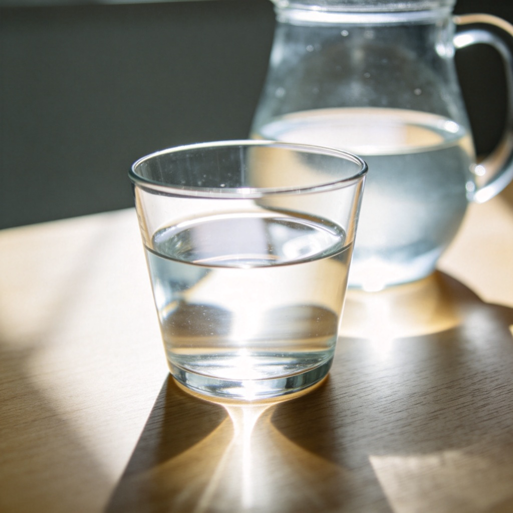 A close-up photograph of a clear glass filled with colorless water, sitting on a plain wooden table. Sunlight shines through the glass, creating a clear and bright effect. In the background, there is a simple pitcher of water, also transparent. No text, no labels.