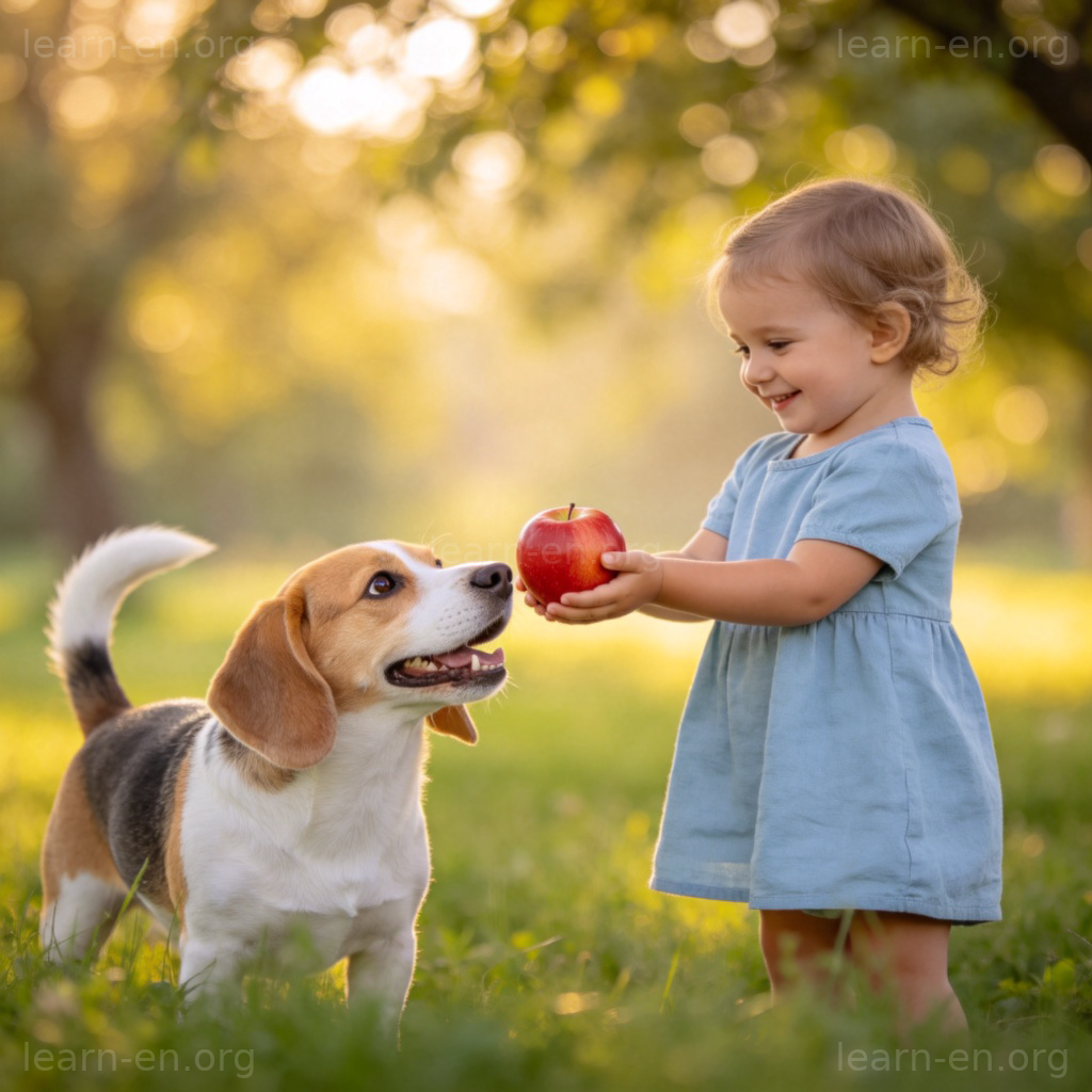 A heartwarming scene of a young child gently offering a red apple to a small, friendly-looking dog in a sunny park. The child's expression is kind and innocent, with a genuine smile. The dog looks up happily. The background is softly blurred green grass and trees, focusing on the simple, kind interaction.