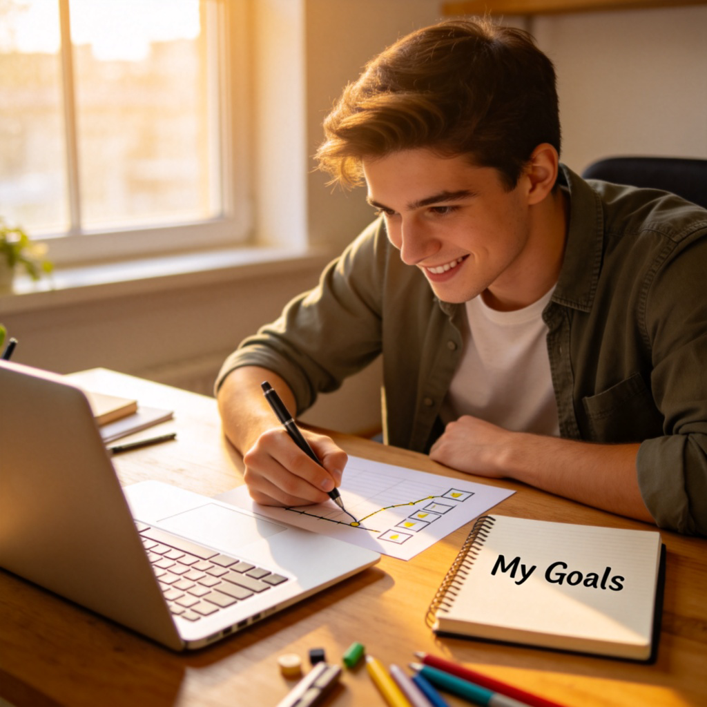 A focused young adult in casual clothes, sitting at a desk with a laptop and a notebook titled 'My Goals'. They are drawing a roadmap or checklist. The atmosphere is determined and positive. Soft daylight from a window. No text in the image.