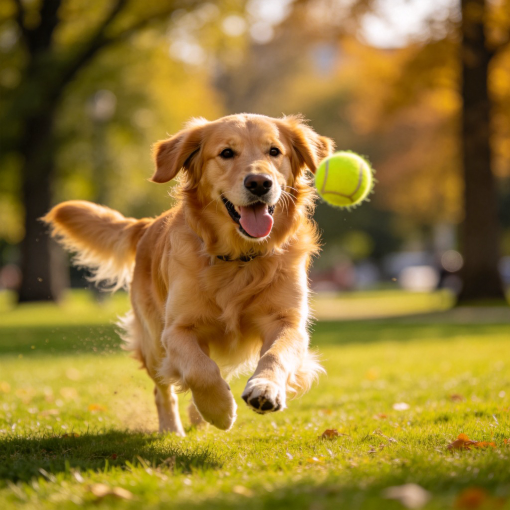 A golden retriever running at full speed across a green park lawn, chasing a bright yellow tennis ball in mid-air. The dog's tongue is out, showing motion and excitement. The background is blurred to focus on the dog and ball. Sunny day.