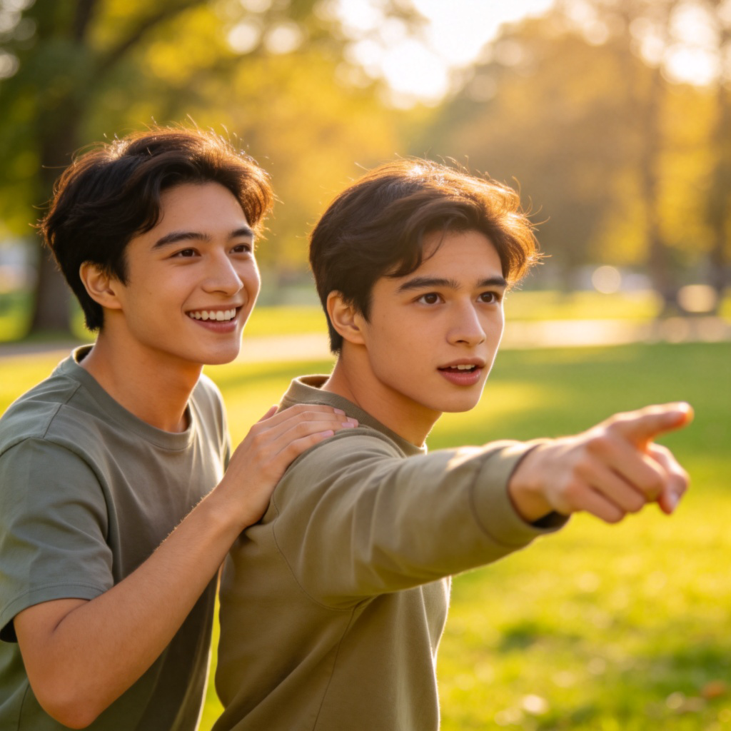 A supportive scene of two friends in a park. One friend is patting the other's back and pointing forward with an encouraging smile, as if urging them to join a game or activity in the distance. The focus is on the supportive gesture and expression. Bright, natural daylight. No text.