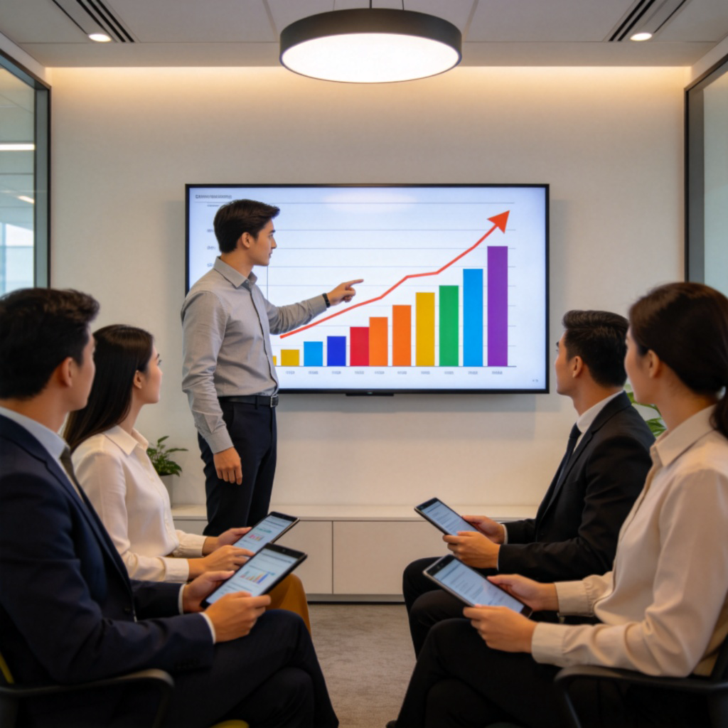 A team meeting in a modern office. A person is standing, pointing to a colorful sales chart on a large screen. The chart shows an upward trend. Other team members are listening attentively, holding tablets. The scene conveys a discussion about promoting a product. Clean, professional setting. No text.