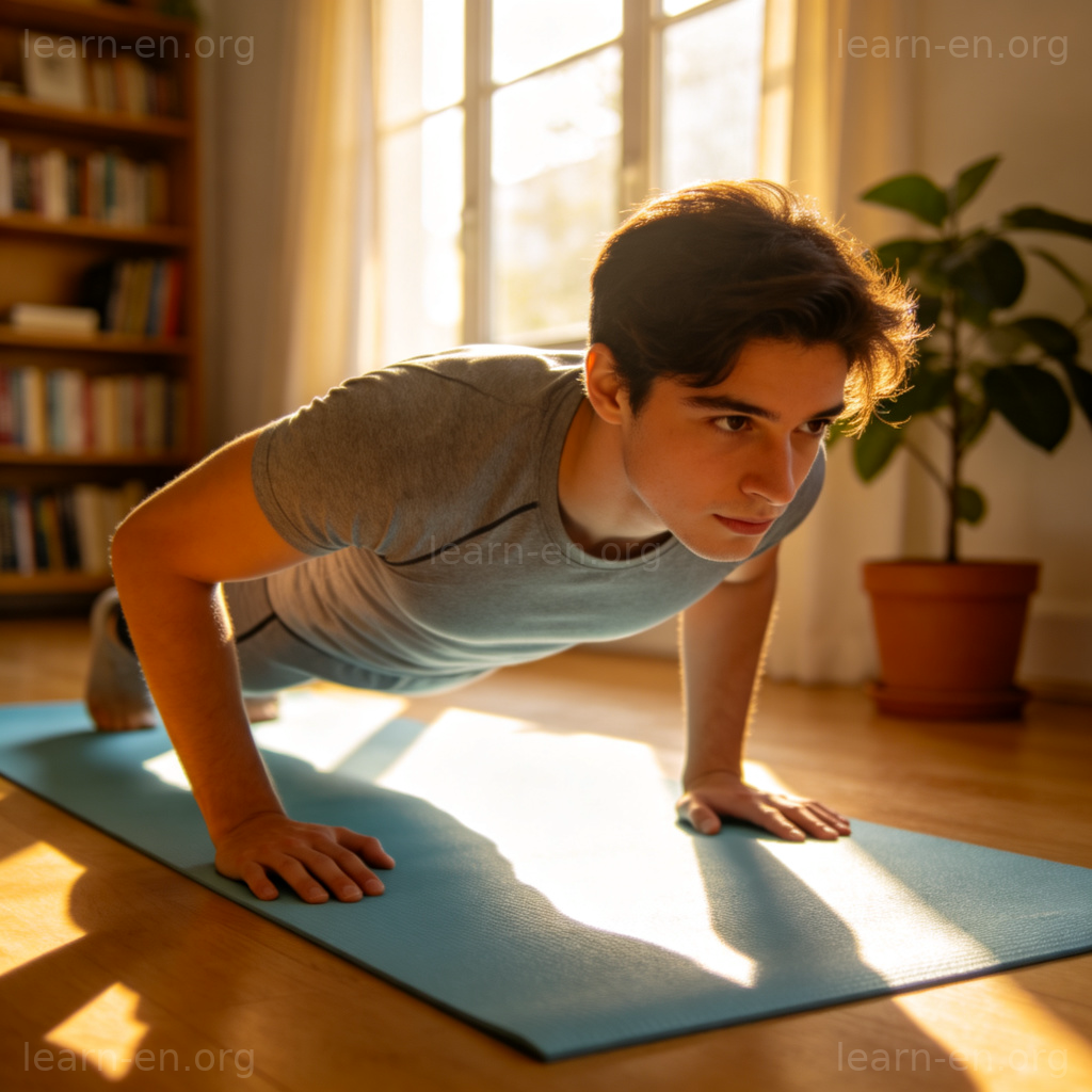 俯卧撑标准动作图解：居家瑜伽垫上阳光下的正确姿势示范