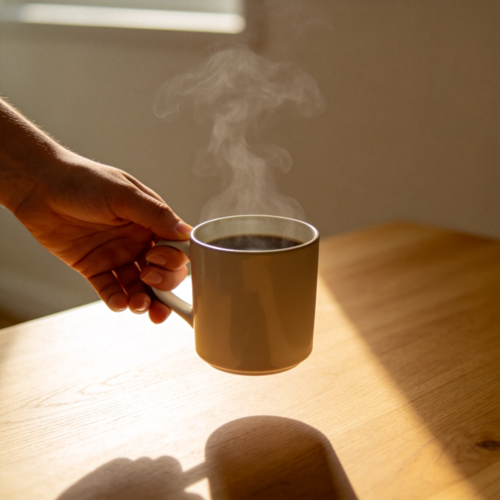 A person's hand in mid-air, gently placing a steaming mug of coffee onto a clean, wooden table. The focus is on the hand and the mug just as it's about to touch the table surface. Soft morning light from a window, plain background. No text.