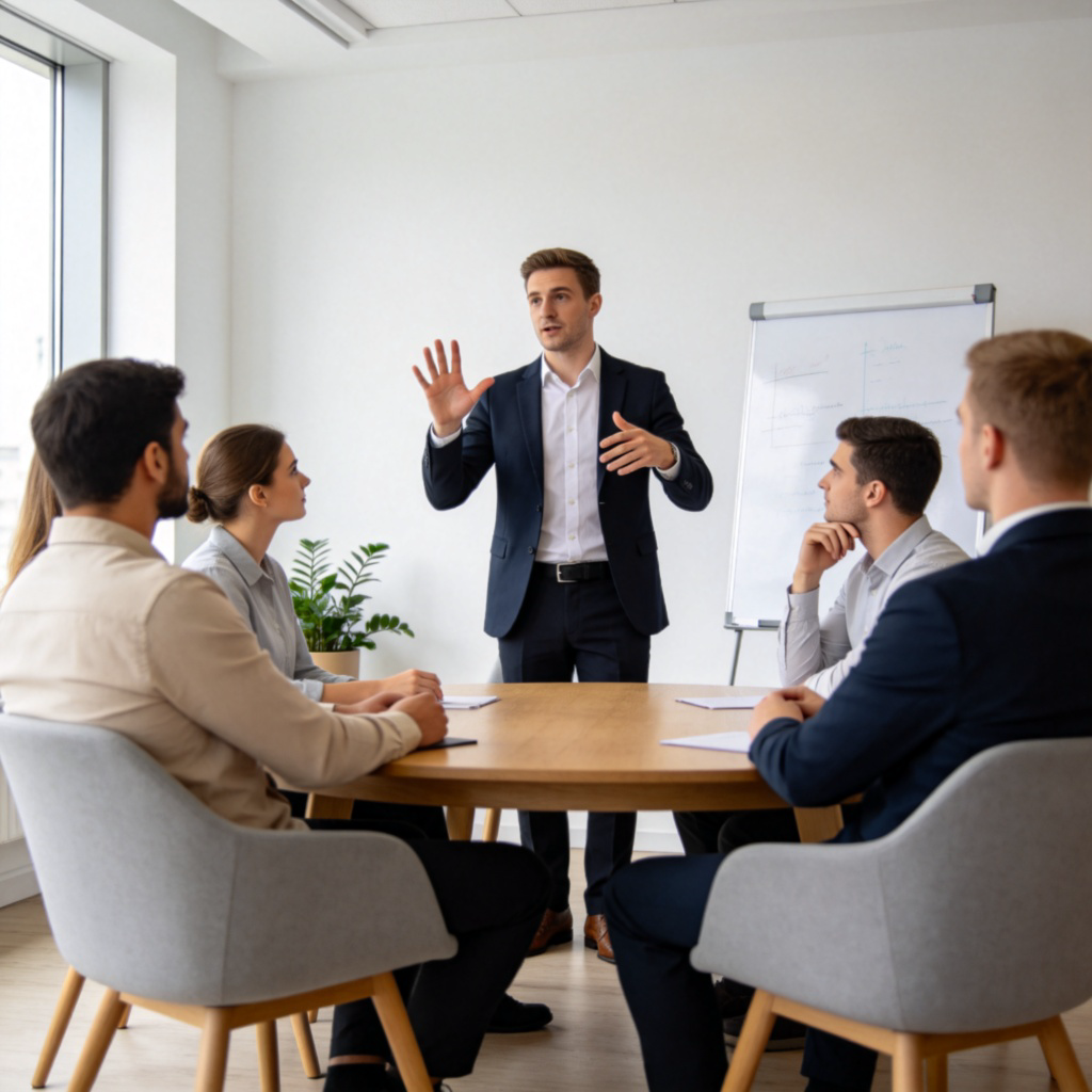 A person speaking in front of a small, attentive group. The speaker is using hand gestures to emphasize a point. The listeners look engaged and thoughtful. A clean, modern meeting room setting. No text.
