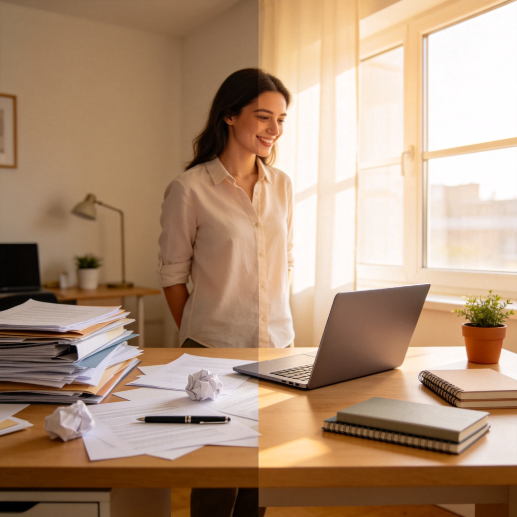 Two contrasting sides of a home office. Left side shows a messy desk with scattered papers. Right side shows the same desk now perfectly organized, with a laptop, a notebook, and a plant neatly arranged. A person is smiling while looking at the tidy side. No text.