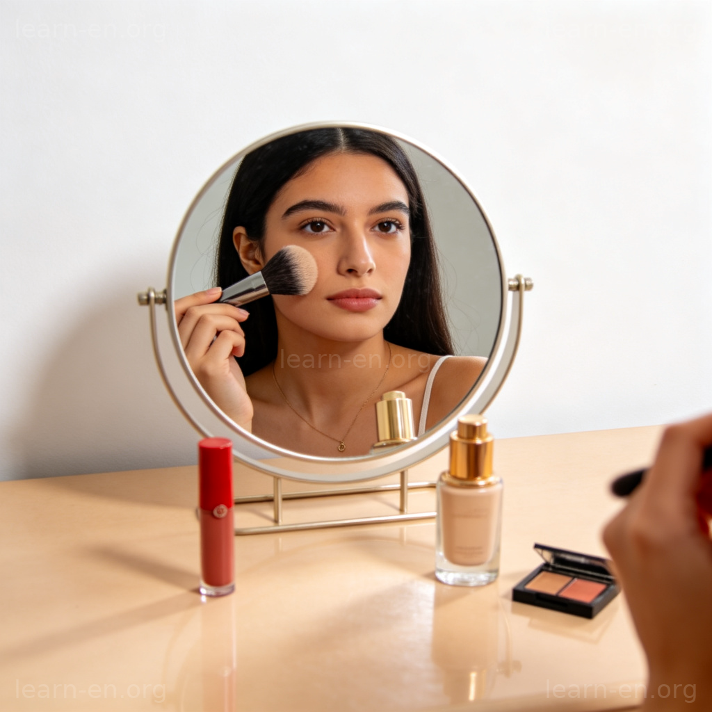 Illustration de l'action 'se maquiller' : une personne applique du fond de teint avec un pinceau devant un miroir entourée de cosmétiques