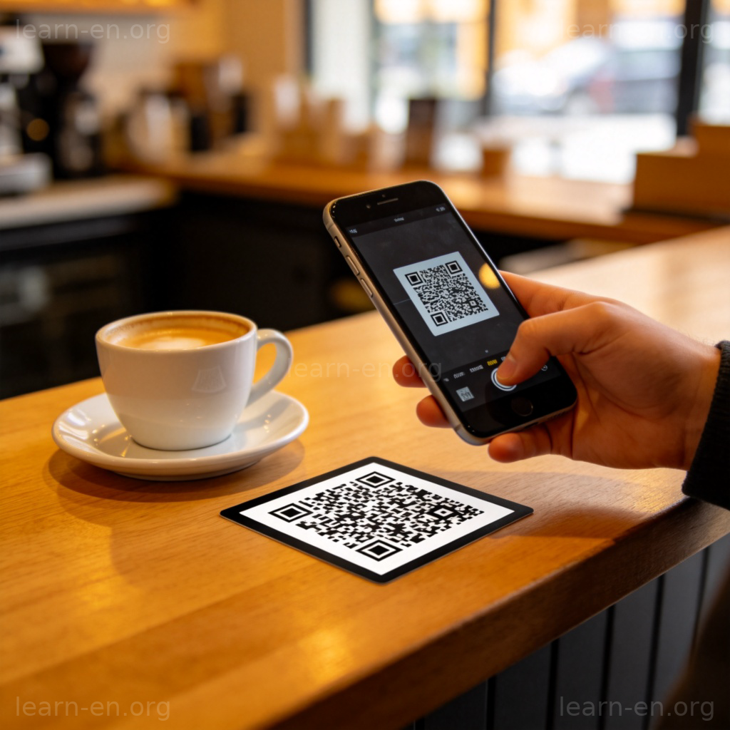 QR Code Payment 图解：顾客在咖啡馆用手机扫描二维码支付咖啡