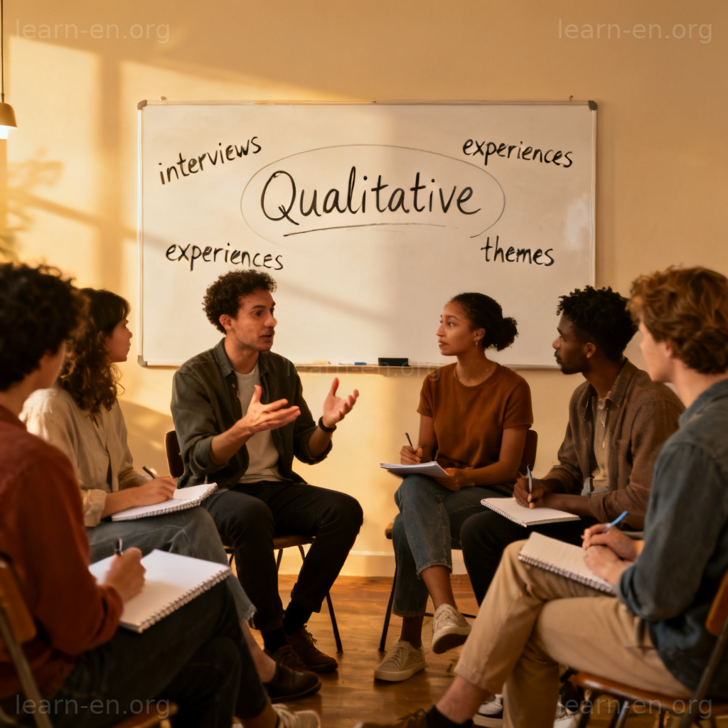 Qualitative research scene showing a study group discussing interviews and themes.
