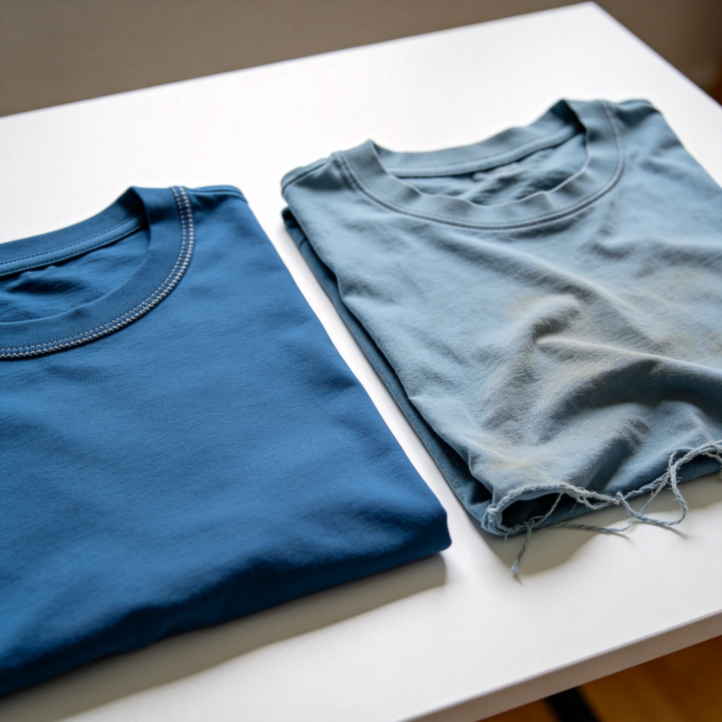 A side-by-side comparison of two cotton T-shirts on a white table. One is smooth, thick, with neat stitching and vibrant color. The other is thin, wrinkled, with loose threads and faded color. Natural lighting, sharp focus. No text.