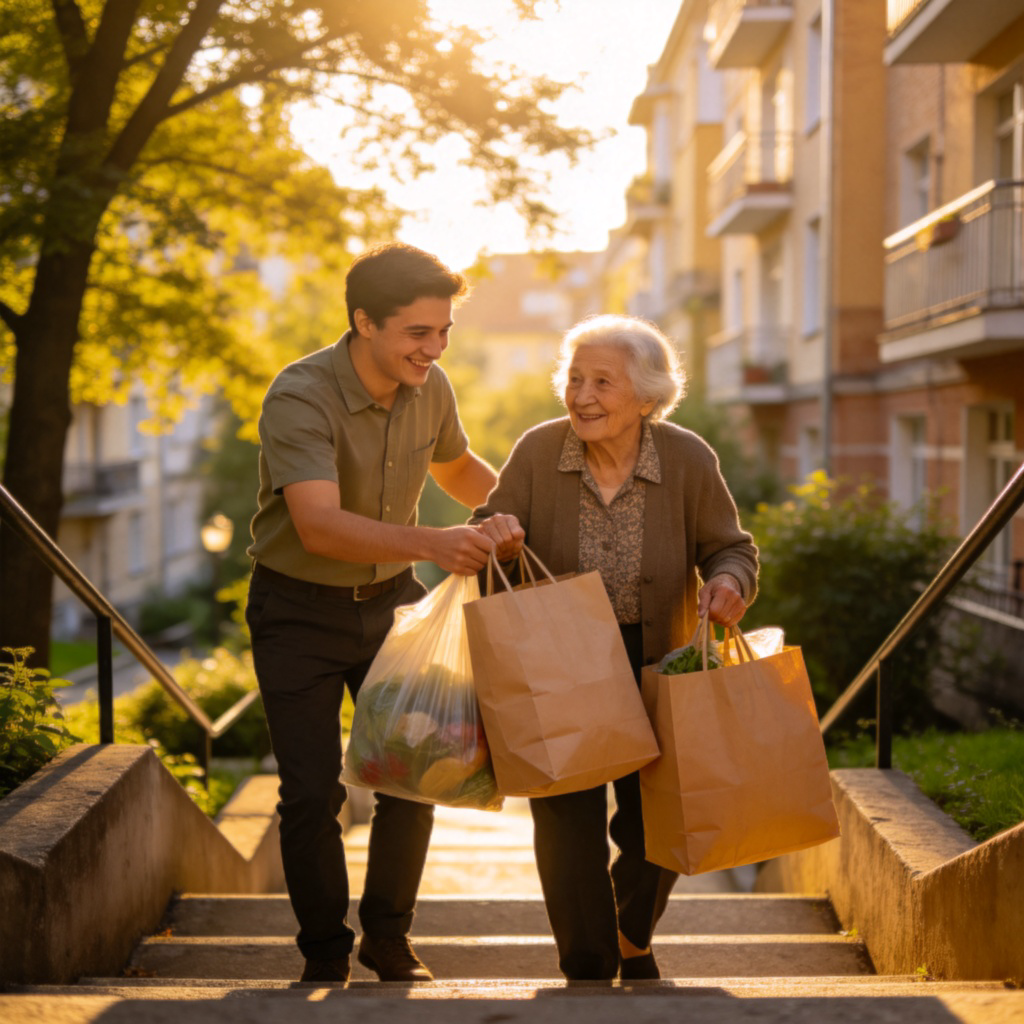 A person smiling warmly while helping an older person carry heavy shopping bags up a flight of stairs in a sunny residential area. The focus is on the helper's kind and patient expression. No text.