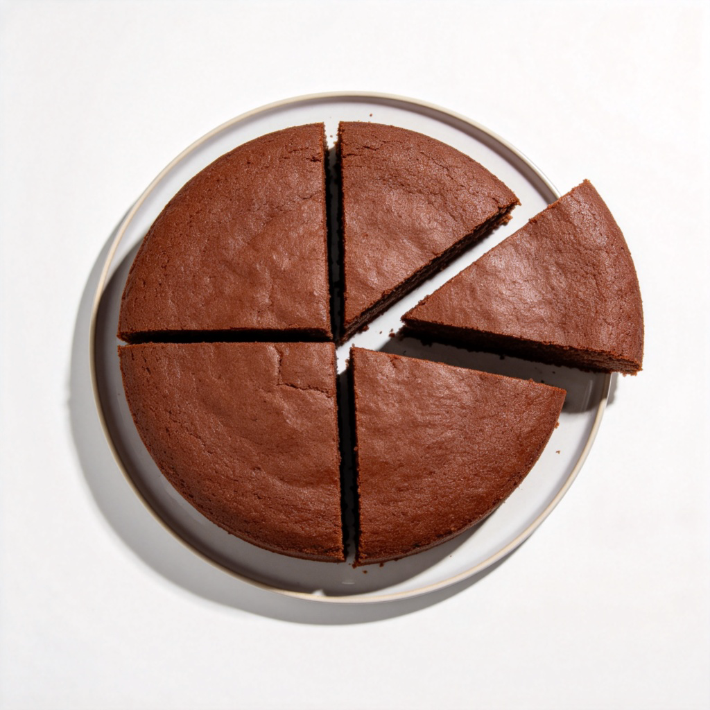 A round chocolate cake is neatly cut into four equal slices on a plate. One slice is separated slightly from the rest, highlighting the concept of a quarter. Plain background, overhead view, bright and clear lighting. No text.