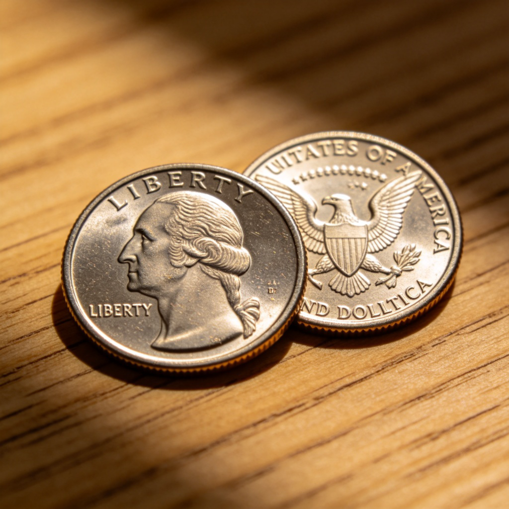 A close-up shot of the front (heads) and back (tails) of a shiny American quarter-dollar coin, lying on a wooden surface. The coin is the clear focus, showing its distinctive eagle and George Washington design. Natural light, sharp focus. No text.