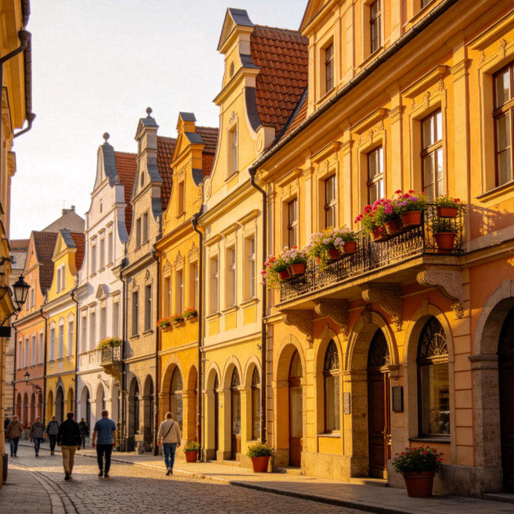 A wide, sunny street in a charming European-style historic district. The view shows a row of colorful buildings with unique architecture, a few people walking, and potted plants. The atmosphere suggests a distinct and lively part of a city. No text.