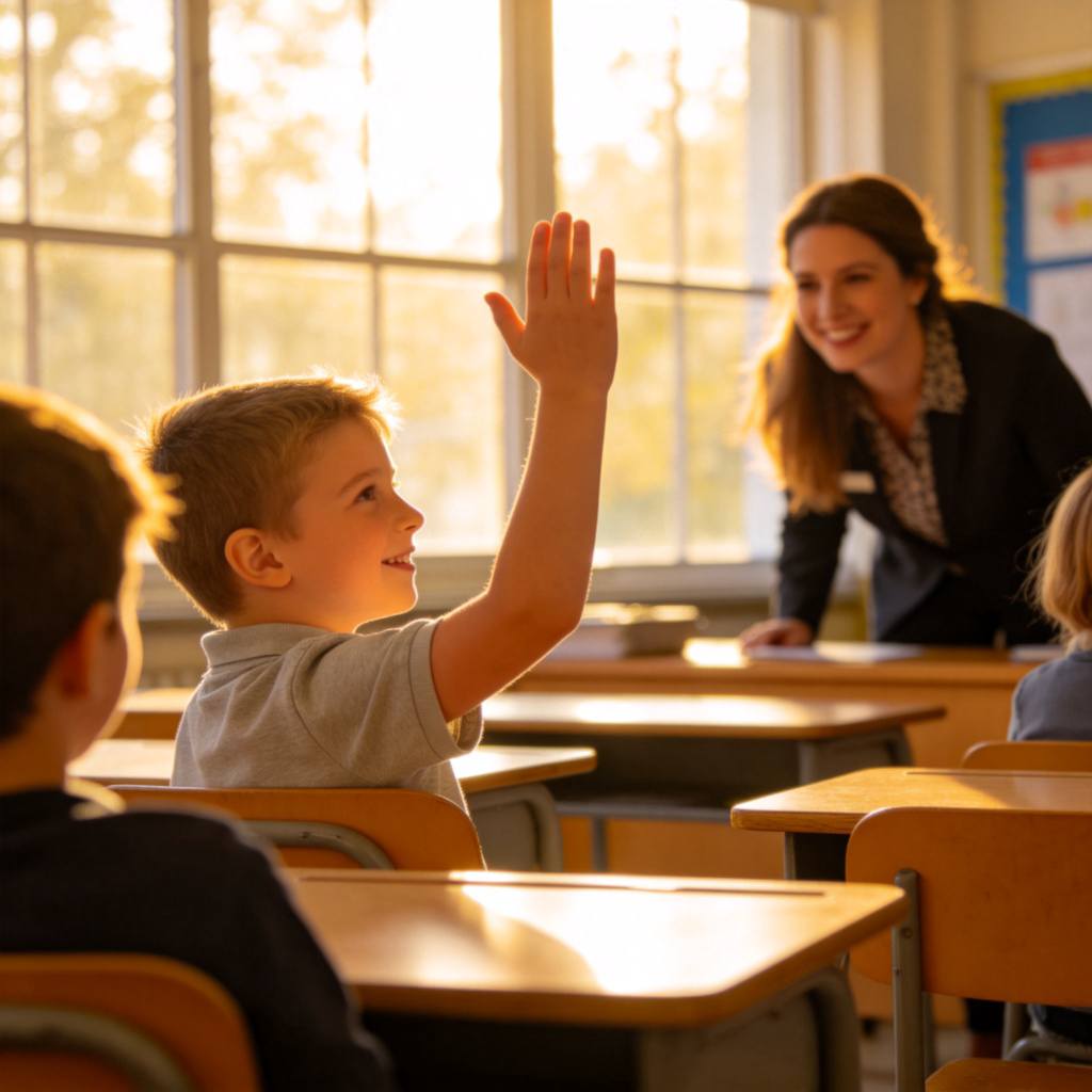 A classroom scene where a young student with raised hand is looking at the teacher at the front. The teacher is turning towards the student with a welcoming expression. Bright, natural lighting from windows, focus on the student's gesture of asking. No text.