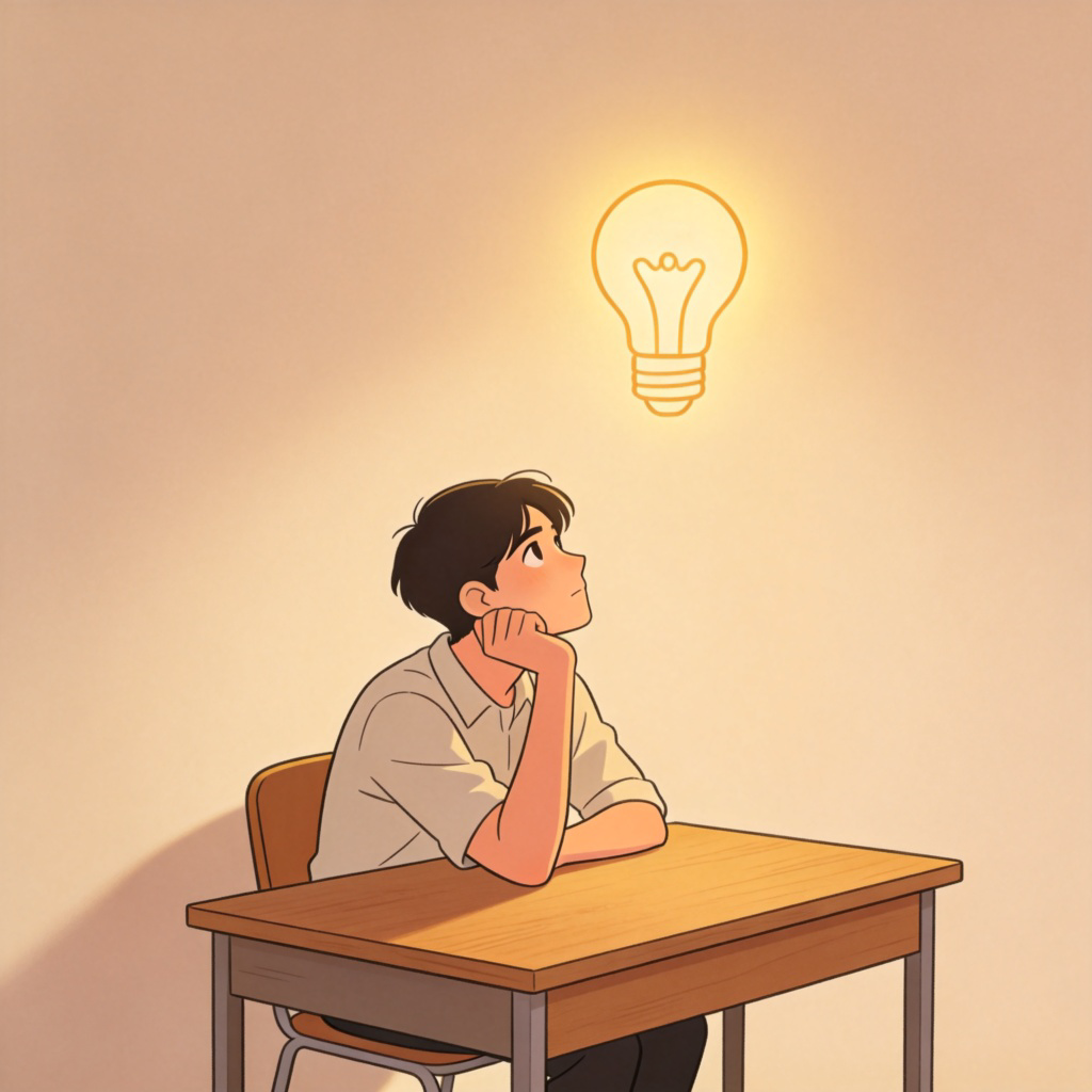 A person of indeterminate gender sitting alone at a wooden desk, chin resting on hand, looking thoughtfully into the distance. A light bulb is drawn as a simple glowing outline above their head, symbolizing doubt and critical thinking. Plain background, soft lighting. No text.