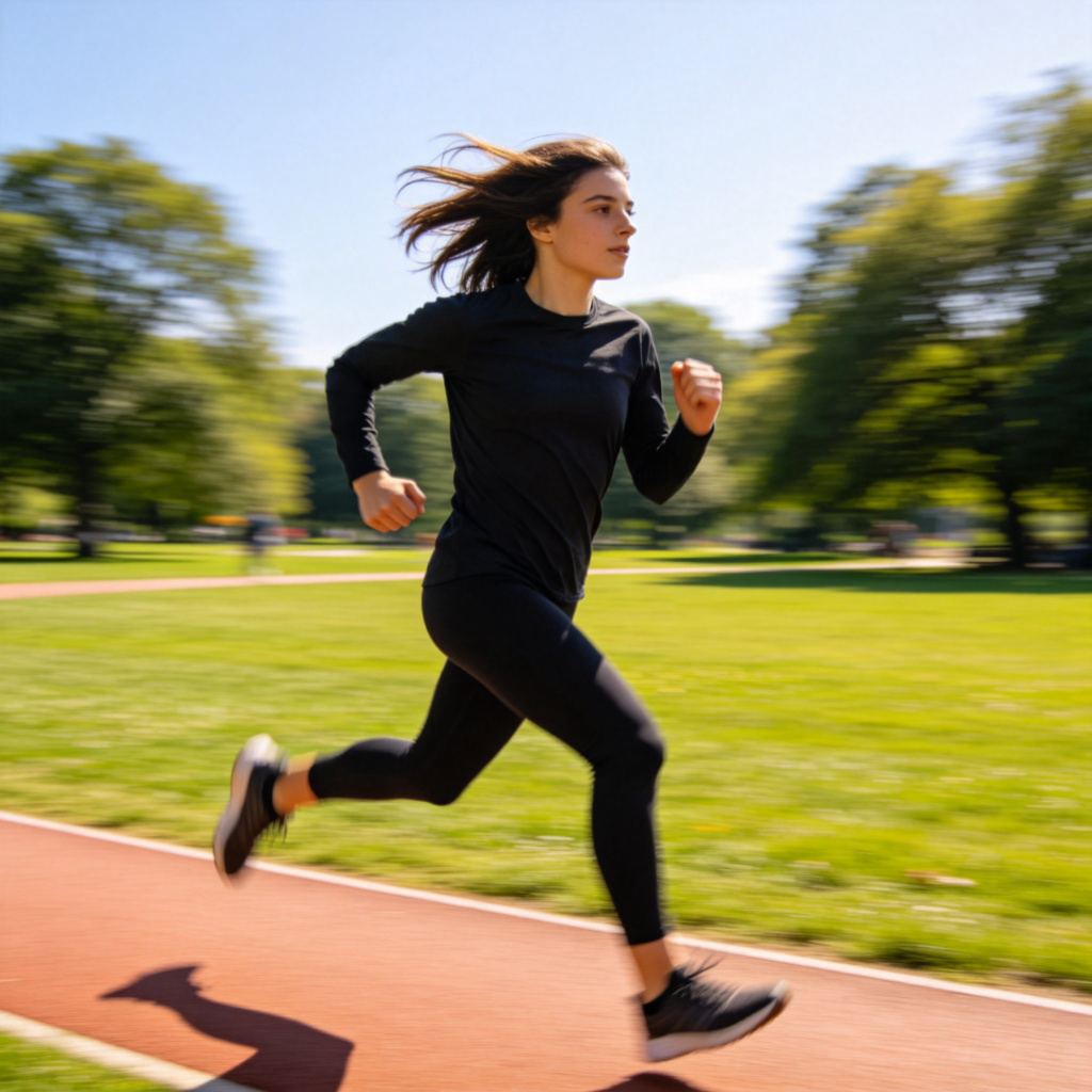 A person running fast on a park track, arms pumping, hair blown back by the wind, showing clear motion blur in the background. Sunny day, green grass, focus on the runner's determined expression and dynamic posture. No text.