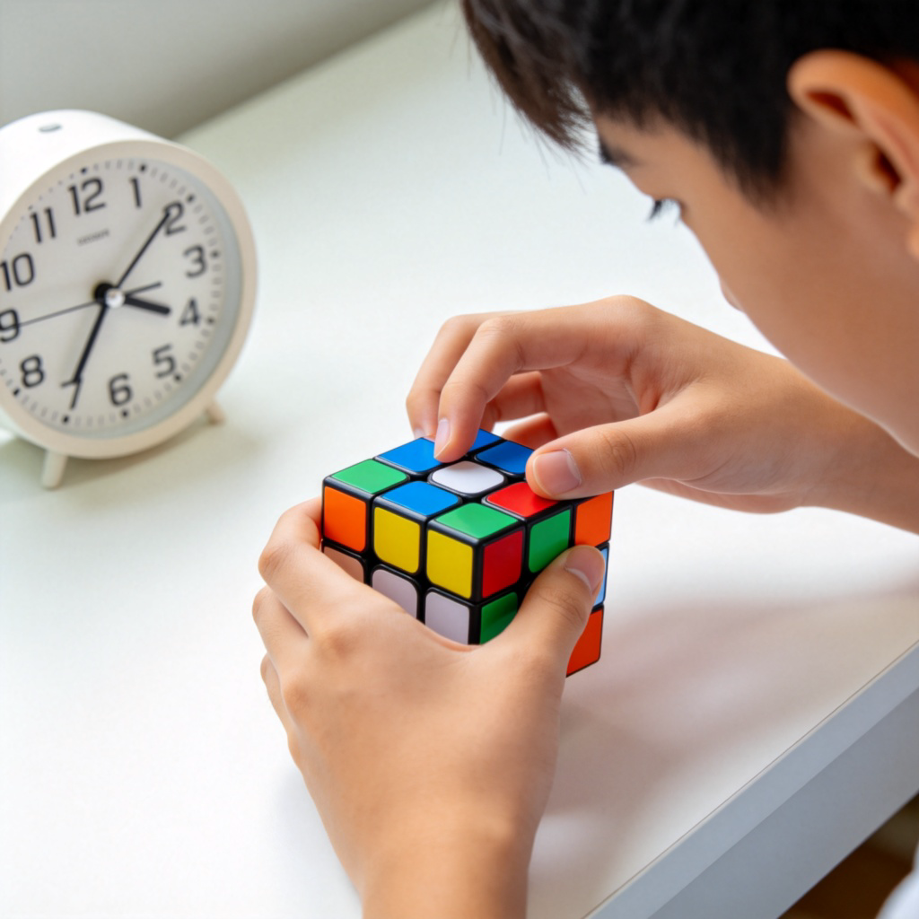 A focused young person solving a Rubik's cube quickly, hands moving deftly, with a clock in the background showing elapsed time. Close-up on the hands and the colorful cube, expression of concentration. Clean, well-lit desk. No text.