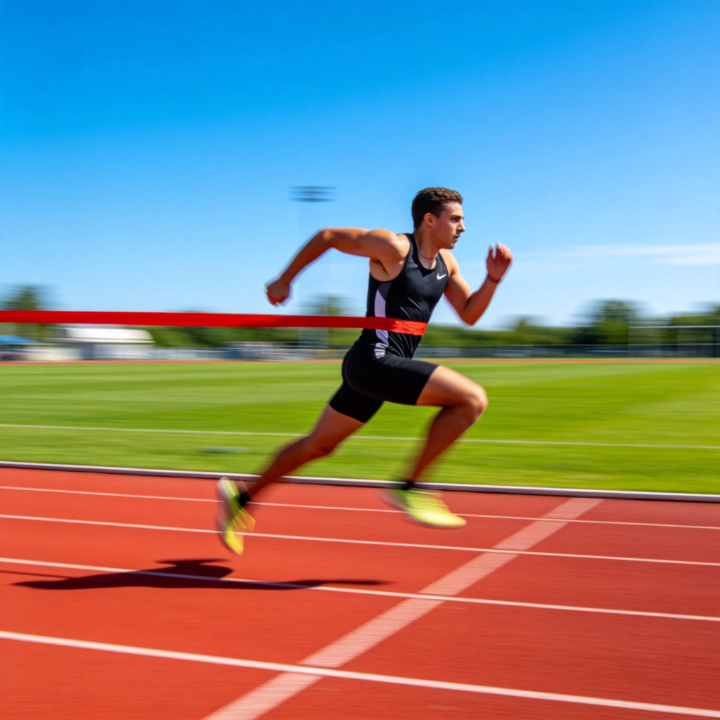 A runner in sportswear sprinting towards the finish line on a red running track, showing a blur of motion in the legs and arms. The background is a simple green field with a clear blue sky. Focus on the dynamic posture and determined facial expression. No text.