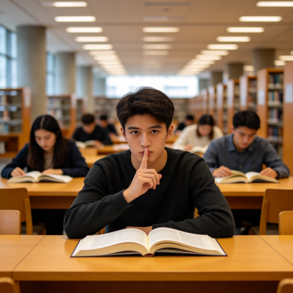 A student in a modern library, with a finger placed gently over their lips, making a "shh" gesture. They are sitting at a wooden study desk with books open. Other students in the background are reading silently. Soft overhead lighting, peaceful atmosphere. No text.