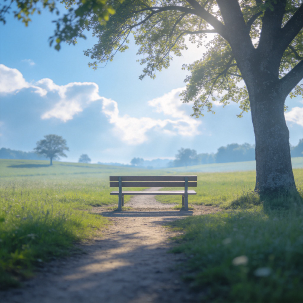A serene countryside scene with a single empty bench on a dirt path, surrounded by green fields and a few trees under a soft blue sky with white clouds. No people in sight, conveying a sense of calm and stillness. Sunlight filtering through the leaves. No text.