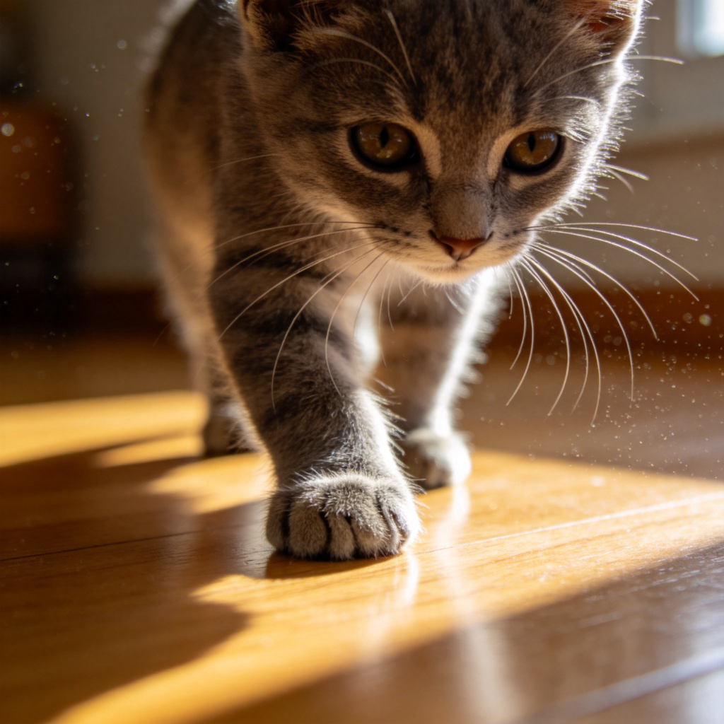 A small gray cat with focused eyes, carefully walking on a polished wooden floor in a sunlit room. Close-up on its paws, showing no impact sound. The overall atmosphere is serene and calm, with dust particles visible in the light. No text.