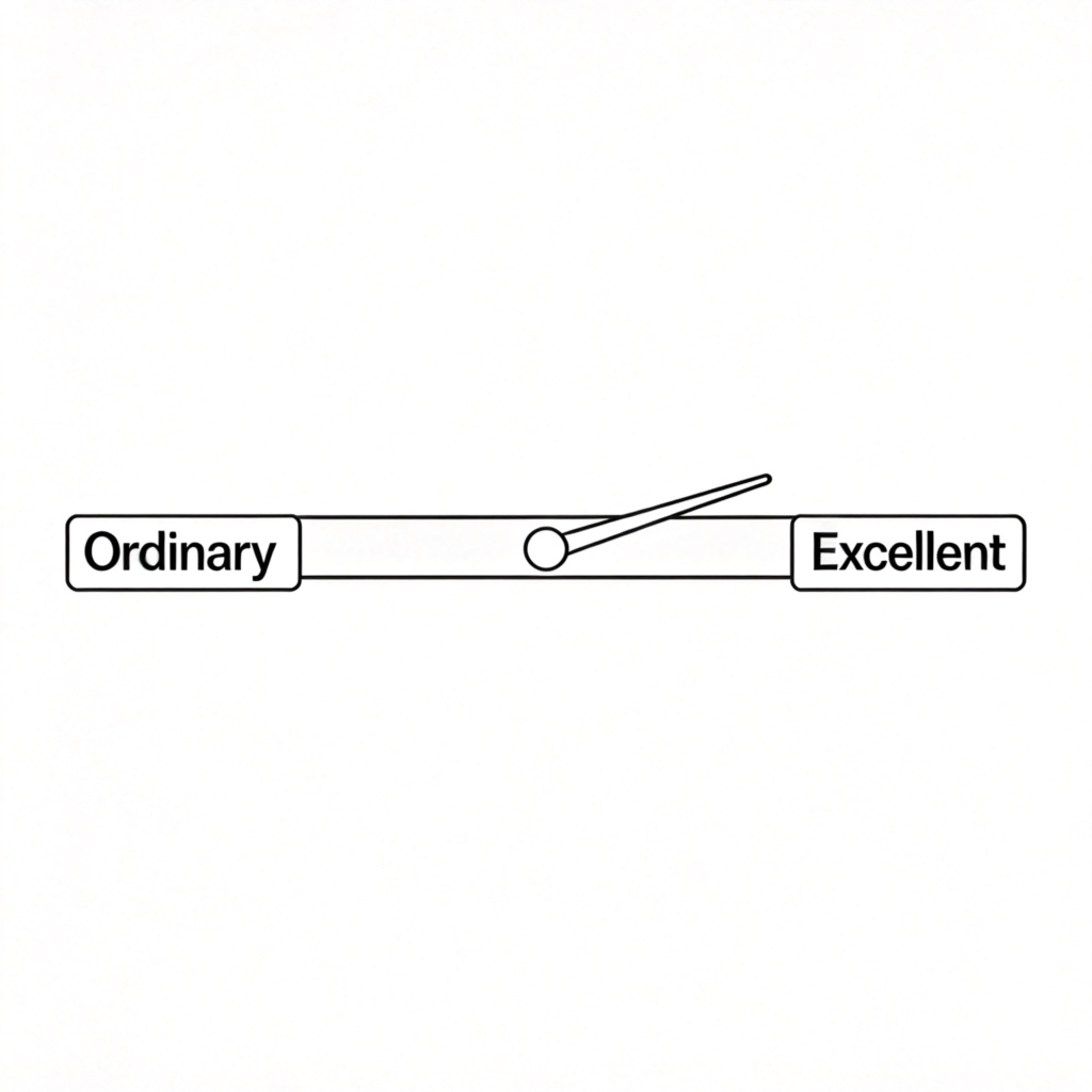 A simple, clear illustration of a scale or meter. On the left side is a label saying 'Ordinary', and on the right side is a label saying 'Excellent'. The needle or pointer points distinctly past the midpoint towards 'Excellent', but stops well before reaching the top. White background, no numbers or text except the two labels. Clean, diagrammatic style.