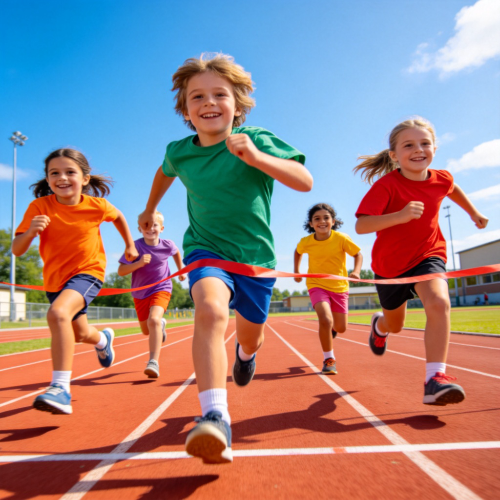 A group of happy children running a race on a sunny school track, wearing colorful sports clothes. They are sprinting towards a visible finish line, with a clear blue sky in the background. Dynamic action shot, sharp focus, no text.