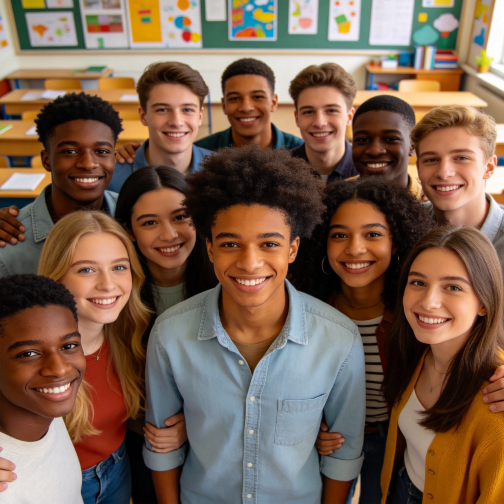 A diverse group of people from various racial backgrounds standing together in a classroom, smiling and interacting. They have different skin tones, hair styles, and clothing, showing unity and friendship. Soft lighting, realistic style, no text.