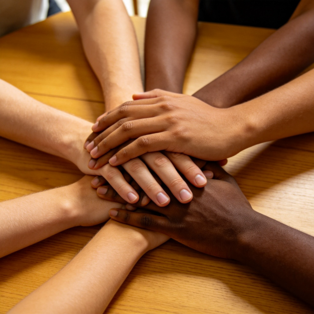 A close-up image of multiple hands of different skin tones (light, medium, dark) stacked together in a circle on a plain wooden table. The focus is on the variety of skin colors and textures. The lighting is warm and even, emphasizing unity and connection. No text or logos are visible.