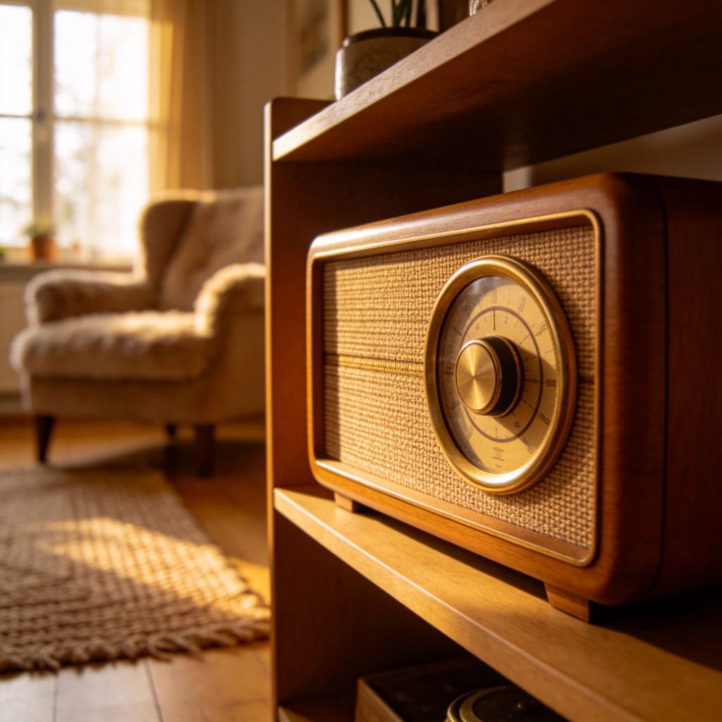 A close-up, front view of a classic old-fashioned wooden radio with a large dial and speaker fabric. The radio sits on a shelf in a cozy living room, and soft light from a window falls on it. It looks warm and nostalgic, clearly a device for listening. No text or logos.