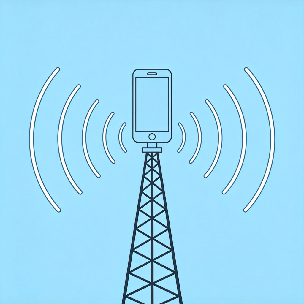A detailed technical illustration showing radio waves as curved lines radiating outwards from a cell phone tower. In the background, a simple icon of a smartphone receives these waves. The style is clear and diagrammatic on a light blue background, emphasizing the invisible technology. No text.