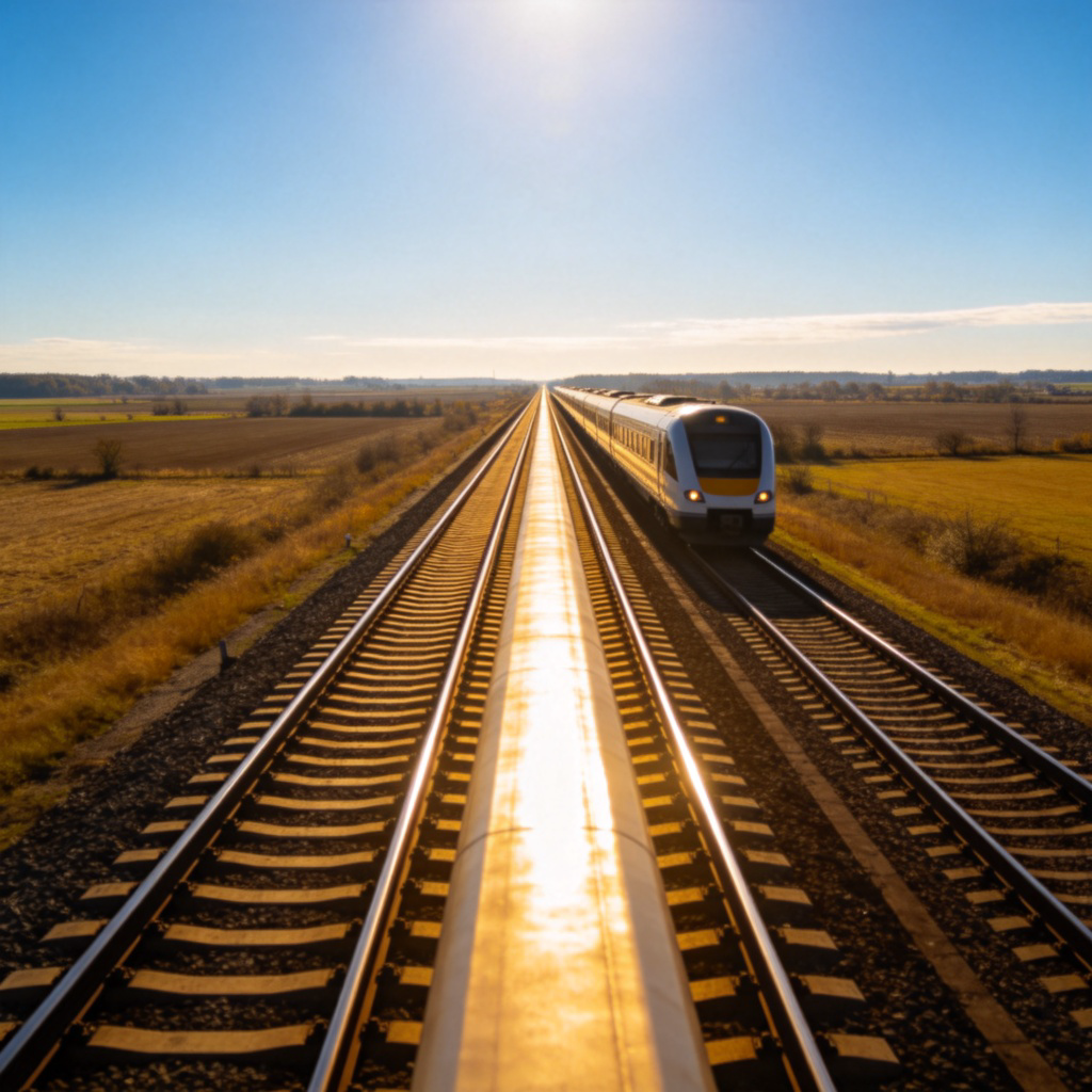 A perspective shot looking down a long stretch of straight, shiny railway tracks extending towards the horizon in the countryside. A modern passenger train is traveling on the tracks in the distance. Sunny day with clear blue sky. No text.