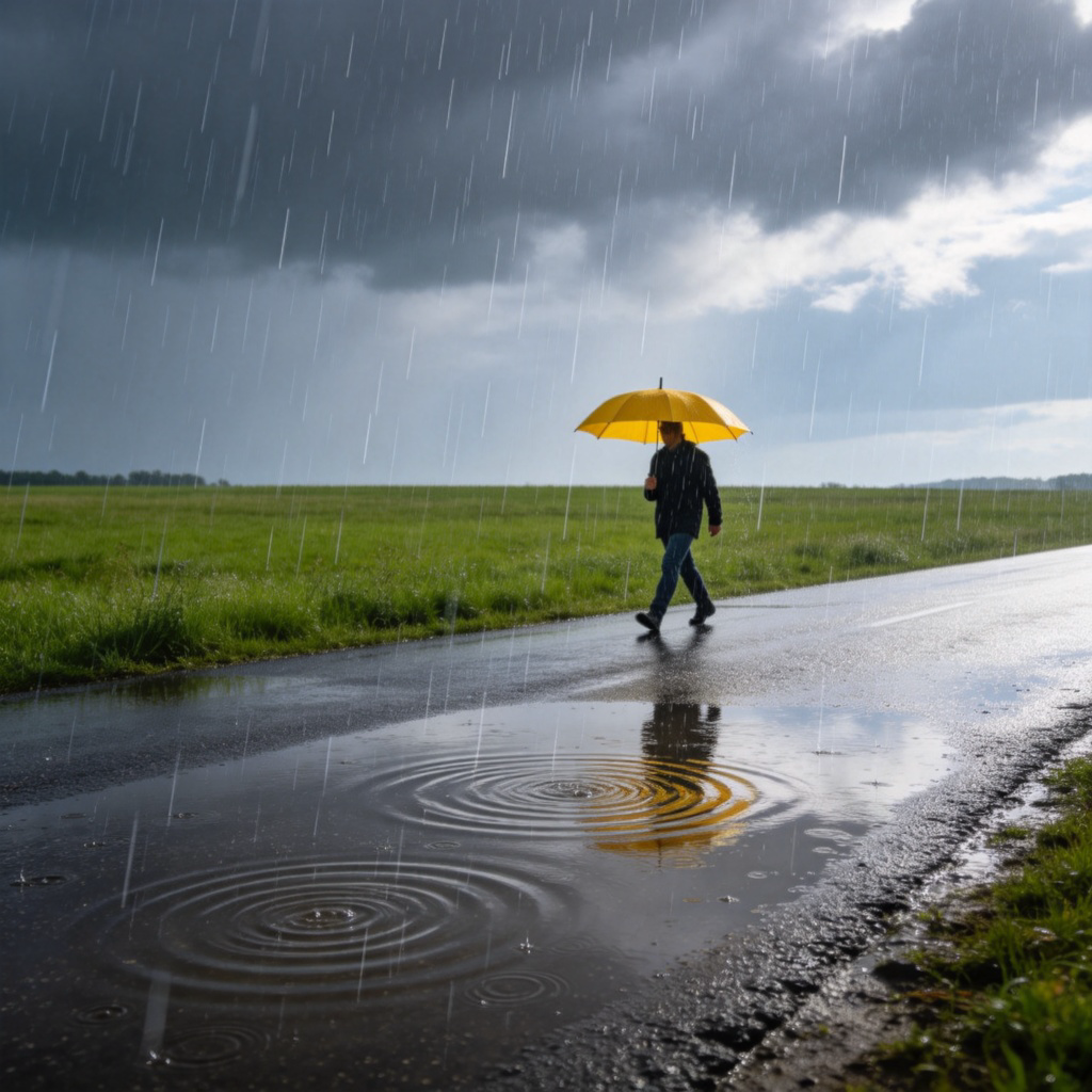 A realistic scene of rain falling from dark grey clouds onto a green grassy field and a paved road. Raindrops are visible as streaks in the air and creating ripples in puddles on the ground. A person is holding a bright yellow umbrella, walking along the road. The focus is on the falling rain and the wet surfaces. Clear daylight, no text.