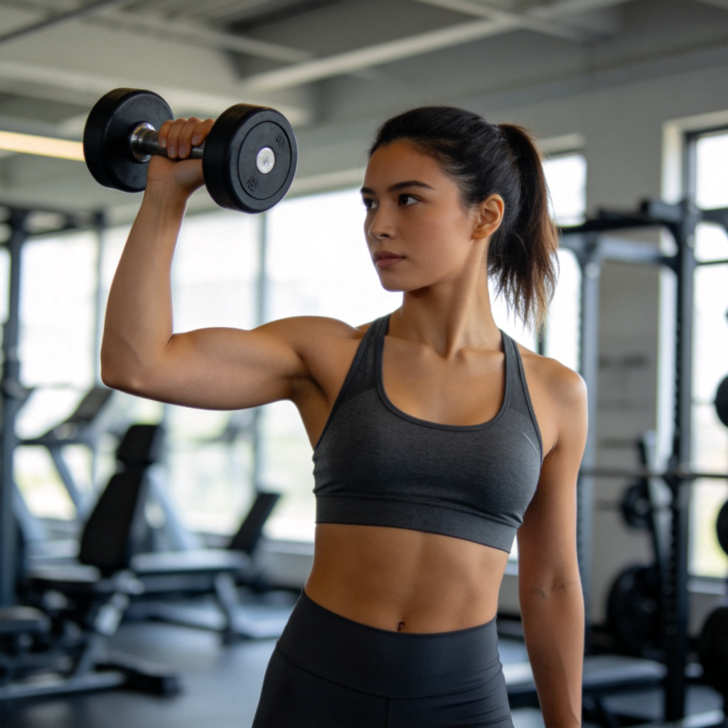 A person in workout clothes standing in a gym, lifting a dumbbell from waist height up to shoulder height. The focus is on the arm muscles flexing and the upward motion. Clear, well-lit environment. No text.