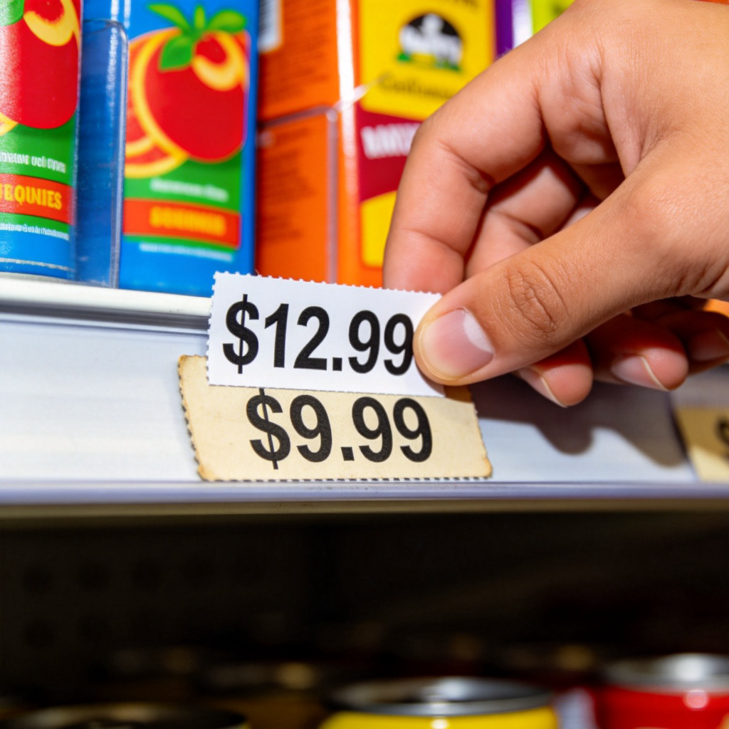 A close-up of a hand holding a price tag sticker that says "$12.99" being placed over an old tag that says "$9.99" on a supermarket shelf. The background shows colorful product packaging. Sharp focus on the tags and hand action. No text on the new price tag besides the numbers and dollar sign.